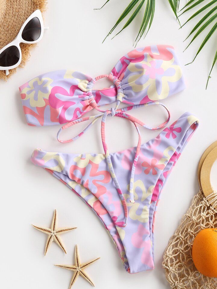 SHEIN Swim Mod Floral Print Tie Front Bandeau Bra & High Cut Bottom 2 Piece Bathing Suit | SHEIN