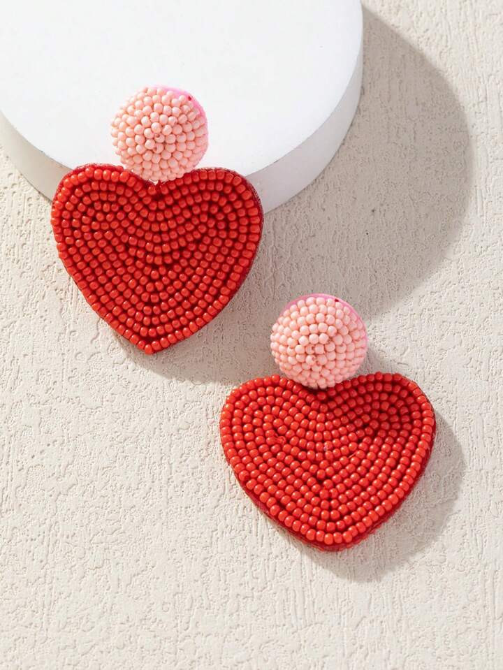1pair Valentine's Day Double-Sided Peach Shaped Beaded Classic Earrings With Romantic Contrast Co... | SHEIN