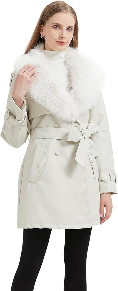 GRAN ORIENTE Women's Faux Leather Trench Coat Overcoat with Detachable Fur Collar,Winter Mid Leng... | Amazon (US)