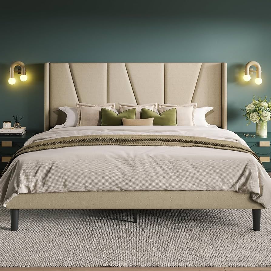 Allewie Queen Size Platform Bed Frame with Geometric Wingback Headboard, Modern Upholstered Bed w... | Amazon (US)