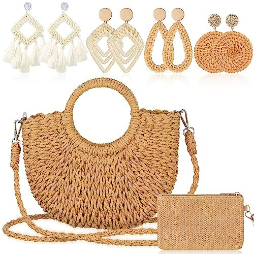 Sweetude Straw Clutch Purse for Women Rattan Earrings Set Summer Beach Straw Bag Boho Handbag Woven Wallet for Vacation(Novelty Style) | Amazon (US)