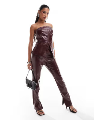 ASOS DESIGN straight leg trouser with ankle split in red crackle leather look | ASOS (Global)