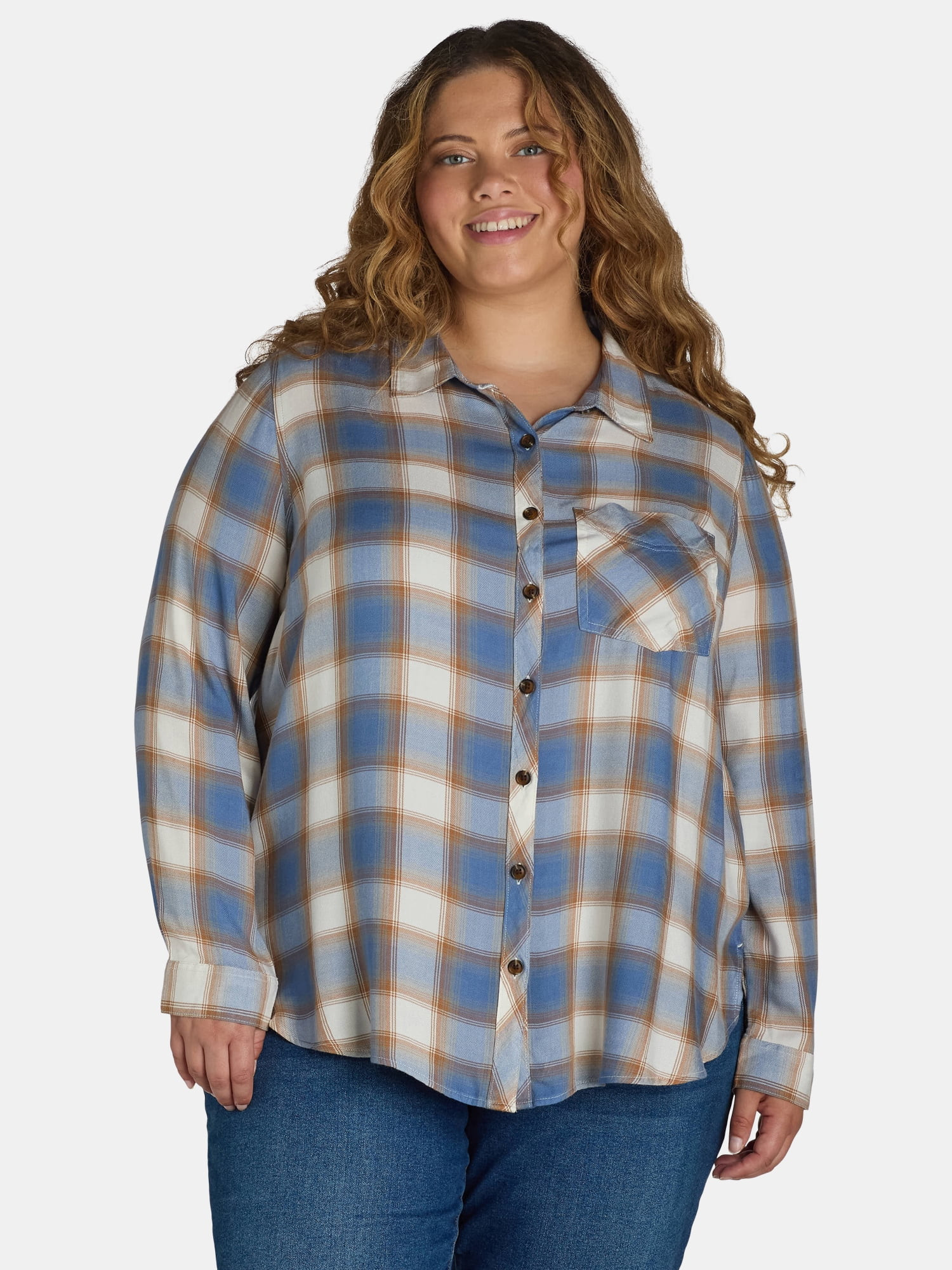 Terra & Sky Women's Plus Plaid Button-Down Shirt, Sizes 0X-5X | Walmart (US)