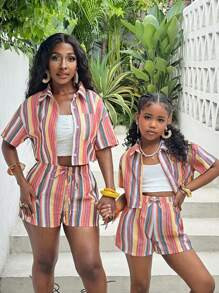 Slaydiva Spring And Summer New Casual Vacation Shirt Collar Open Placket Short-Sleeved Cropped Top + Fitted Shorts Colorful Striped Women's Two-Piece Set | SHEIN