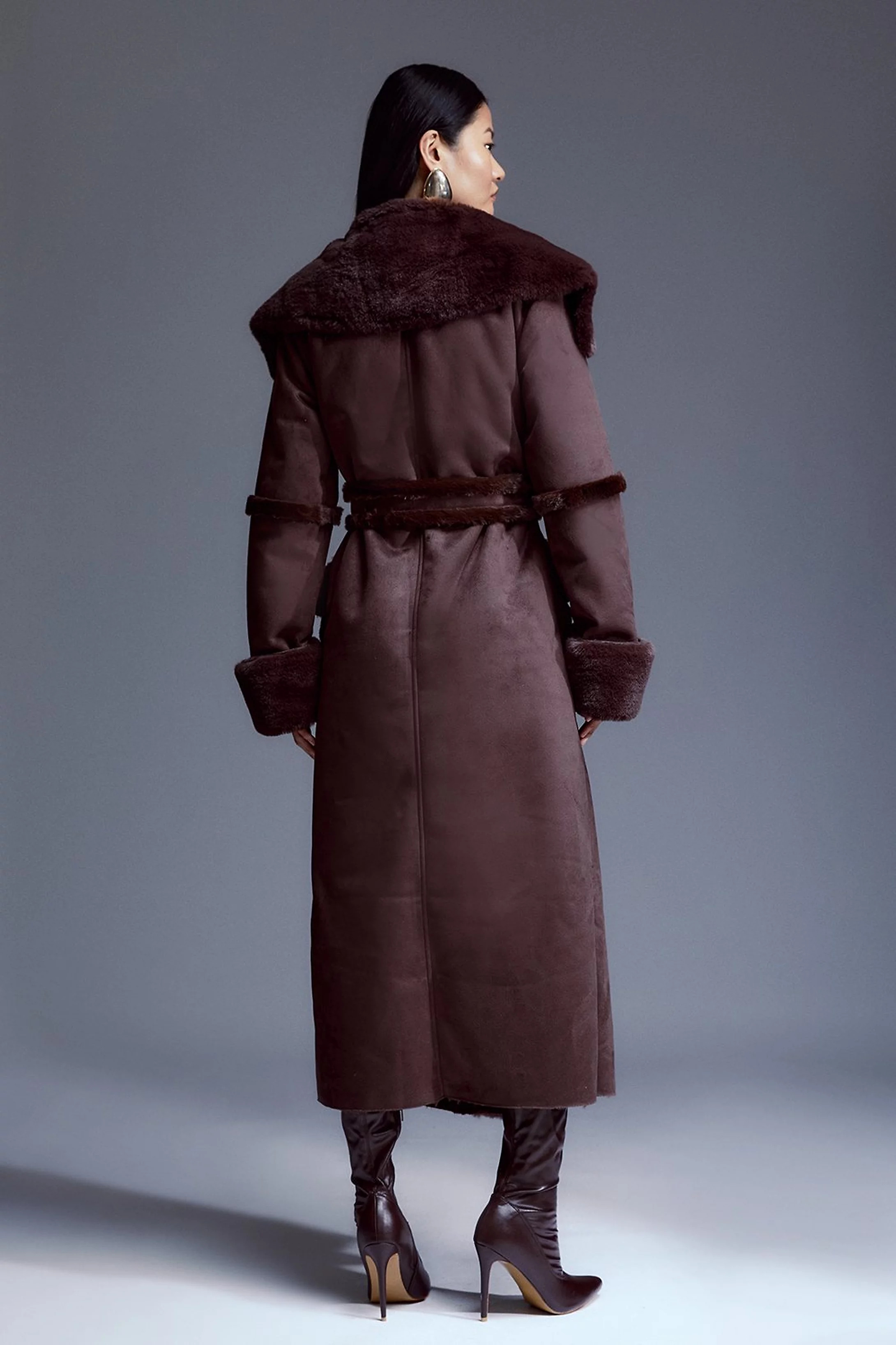 Faux Shearling Collar & Cuff Tie Belt Maxi Coat | Karen Millen | Karen Millen UK + IE + DE + NL
