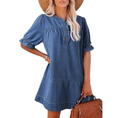 Dokotoo Women's Denim Dress 2025 Babydoll Dress Casual Ruffle Short Sleeve… | Amazon (US)