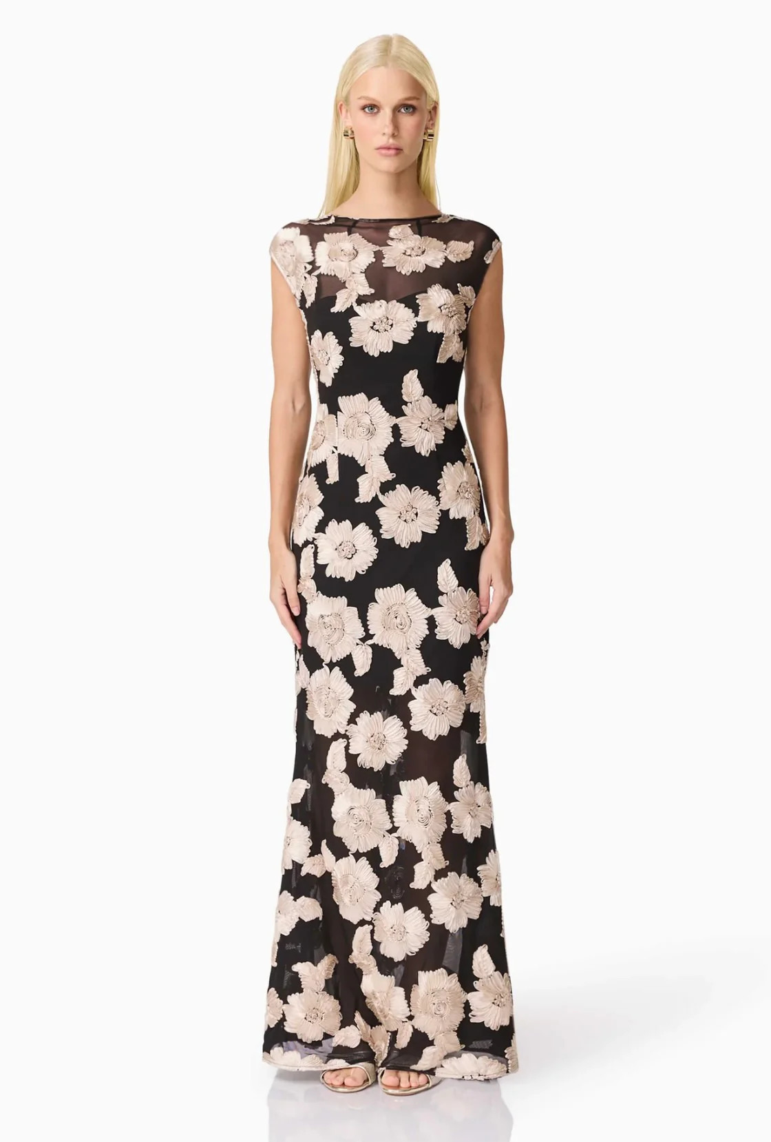Elliatt Margaux Fit & Flare Gown in Black & Gold Floral | Sierra Deene