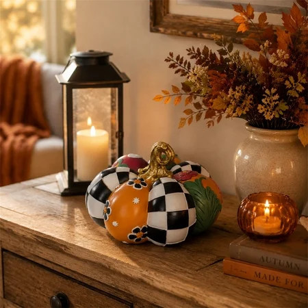 Fall Pumpkin Decor, Black and White Checkered Pumpkin Tabletop Decoration, Resin Autumn Harvest Decor for Farmhouse Home, Thanksgiving Halloween Mantel Centerpiece | Walmart (US)