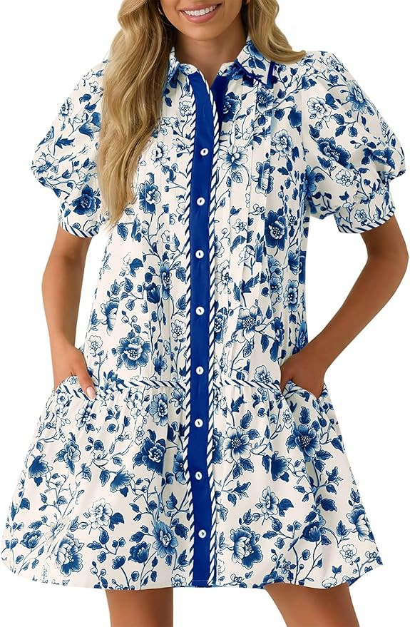 Wenrine Womens Mini Dress Summer Casual Short Puff Sleeve Floral Collared V Neck Loose Button Dow... | Amazon (US)