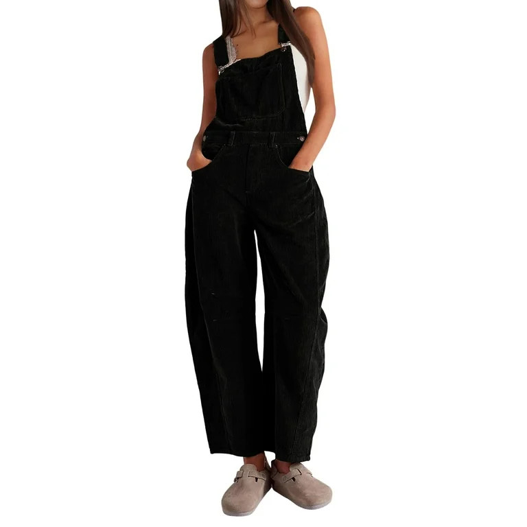 PUWEI Women's Corduroy Overalls Wide Leg Barrel Jeans Adjustable Straps Bib Romper with Pockets -... | Walmart (US)