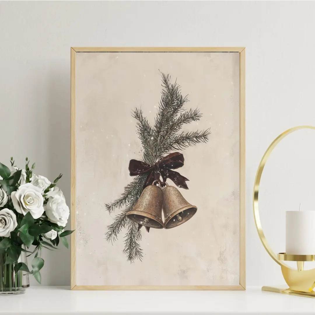 Vintage Christmas Bells Print | Rustic Holiday Wall Art - Etsy | Etsy (US)