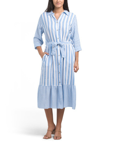 Made In Italy Linen Blend Striped Button Front Dress | TJ Maxx