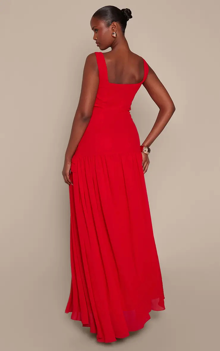 RED Chiffon Ruched Frill Maxi Dress | PrettyLittleThing UK