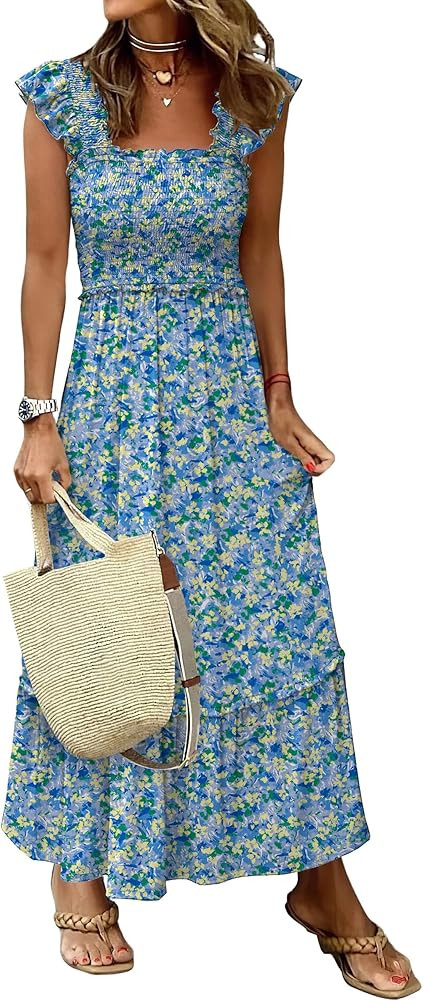 ANRABESS Womens Summer Sleeveless Maxi Dress Square Neck Smocked Boho Casual Ruffle Strap Flowy A... | Amazon (US)
