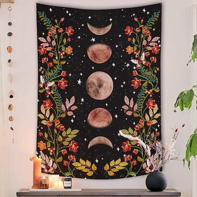 Lifeel Moonlit Garden Tapestry, Moon Phase Surrounded by Vines and Flowers Black Wall Decor Tapes... | Amazon (US)