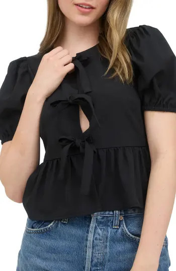 Blu Pepper Bow Embellished Peplum Top in Black at Nordstrom Rack, Size Small | Nordstrom Rack