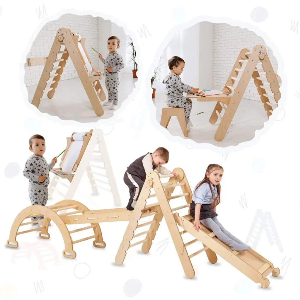 5in1 Montessori Climbing Set: Triangle Ladder + Climbing Arch + Slide Board + Climbing Net + Art Addition | REBEL (formerly Rebelstork)
