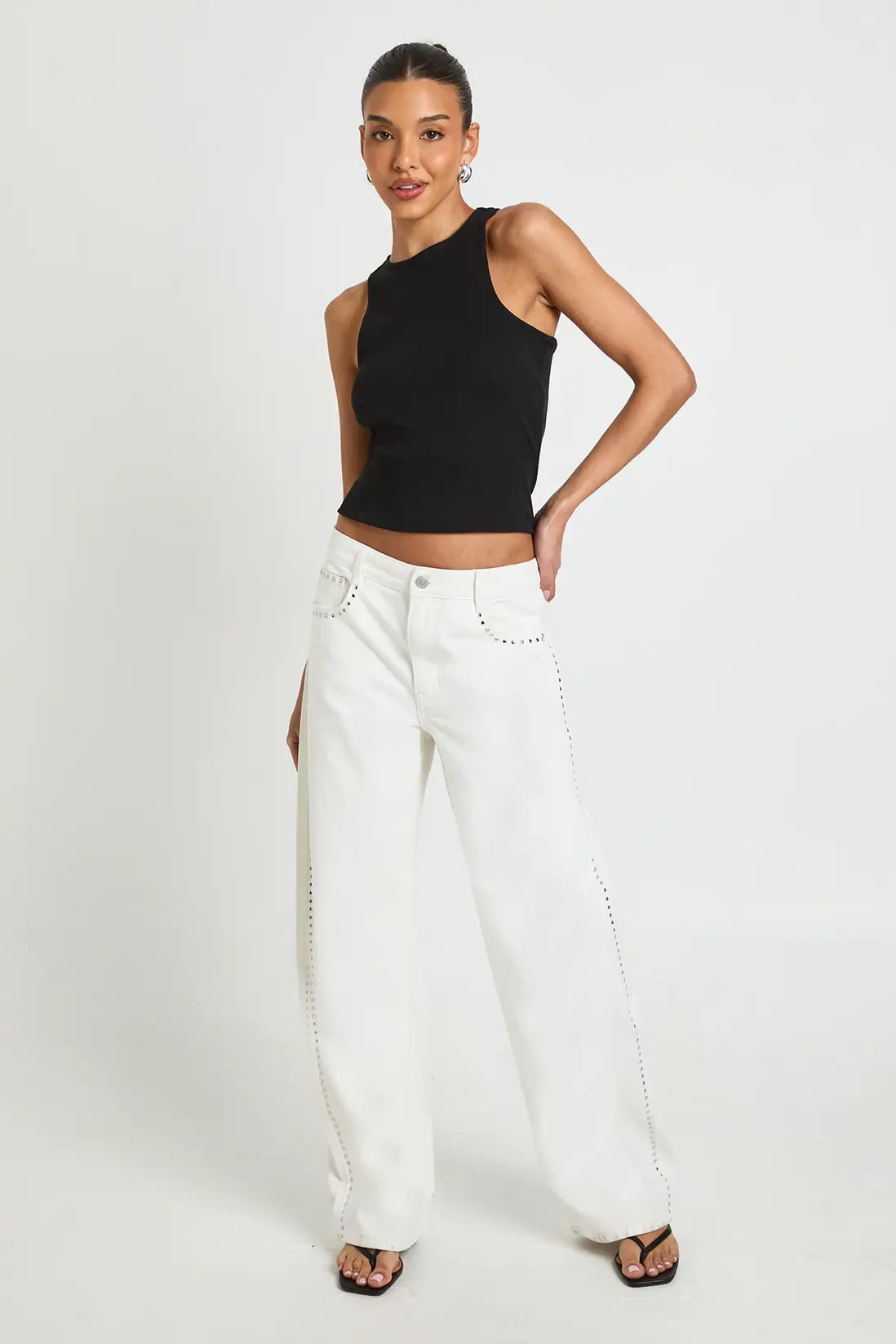 White Studded Mid Waist Barrel Jean | Boohoo | Boohoo.com (UK & IE)