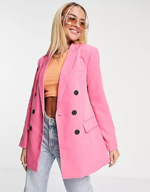 Stradivarius double breasted dad blazer in hot pink | ASOS (Global)