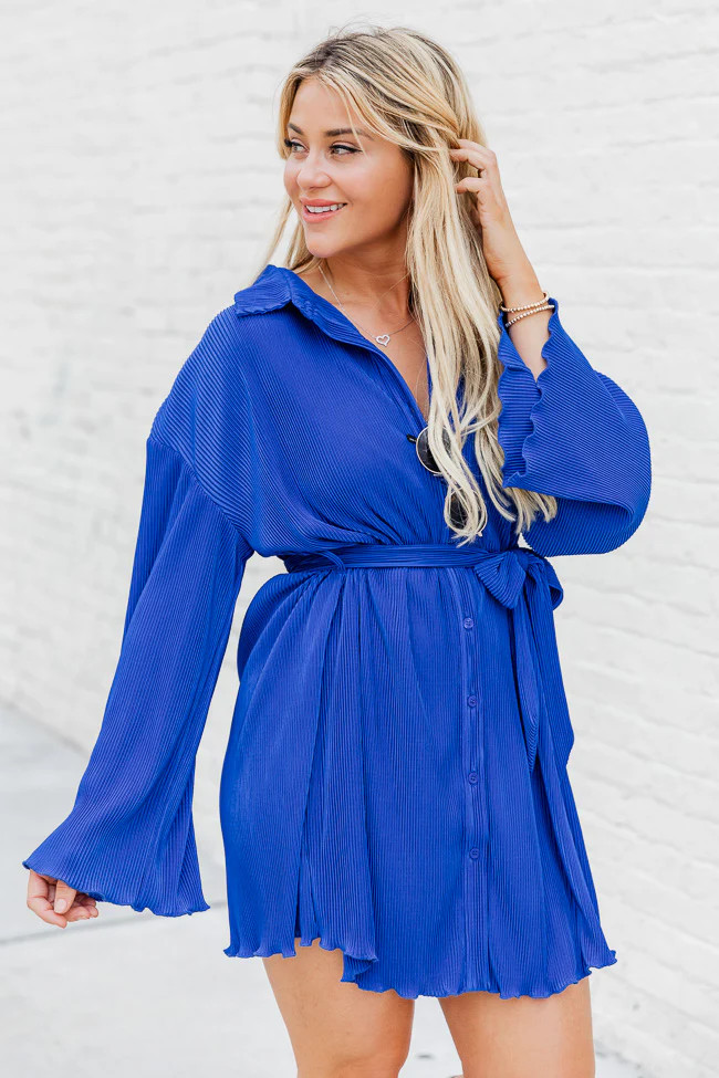 Something In The Orange Cobalt Blue Plisse Mini Button Up Dress | Pink Lily