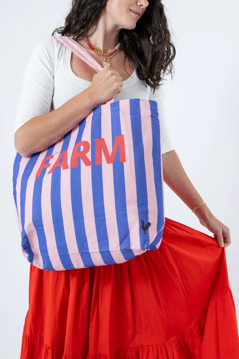 Pink Striped Farm Canvas Tote | Meanwhile Back on the Farm: Market Tote | Canvas Market Tote Bag | Meanwhile Back on the Farm
