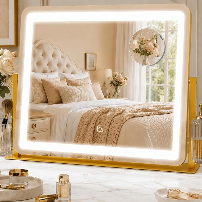 HNV 22"x17" Gold Lighted Vanity Mirror with Power Adapter, 3-Color Dimmable LED Makeup Mirror, St... | Amazon (US)