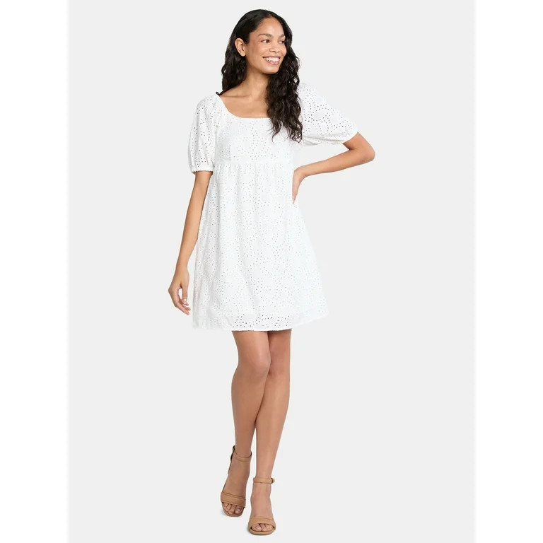 Time and Tru Women's and Women's Plus Eyelet Mini Dress with Puff Sleeves, Sizes XS-4X | Walmart (US)