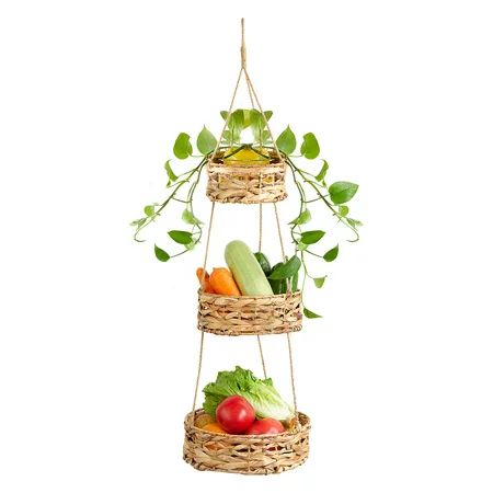 LOAOL 3 Tier Hanging Fruit Basket for Kitchen Handmade Natural Woven Wicker Boho Home Décor | Walmart (US)
