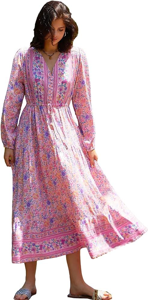 R.Vivimos Women's Long Sleeve Cotton V-Neck Button Up Floral Print Boho Flowy Midi Dresses | Amazon (US)
