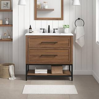 Home Decorators Collection Corley 36 in. Single Sink Spiced Walnut Bath Vanity with White Enginee... | The Home Depot