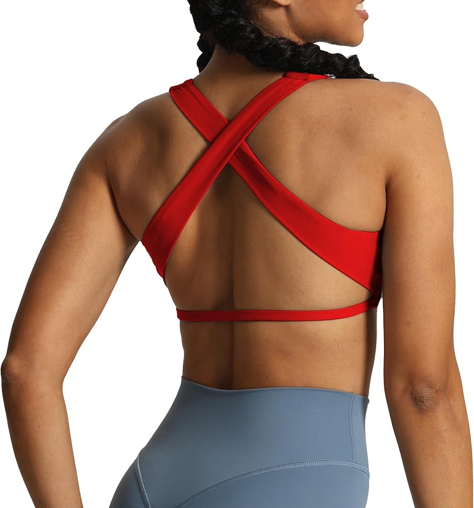 Aoxjox Women's Workout Sports Bras Square Neck Emma Cross Back Fitness Training Gym Bra Yoga Crop... | Amazon (US)