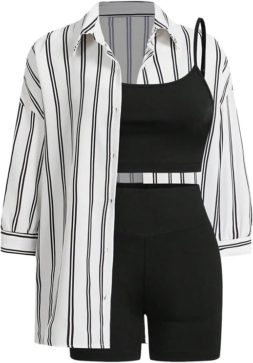 WDIRARA Women's Striped 3 Piece Outfits Button Down Shirts Camisole Biker Shorts Set | Amazon (US)