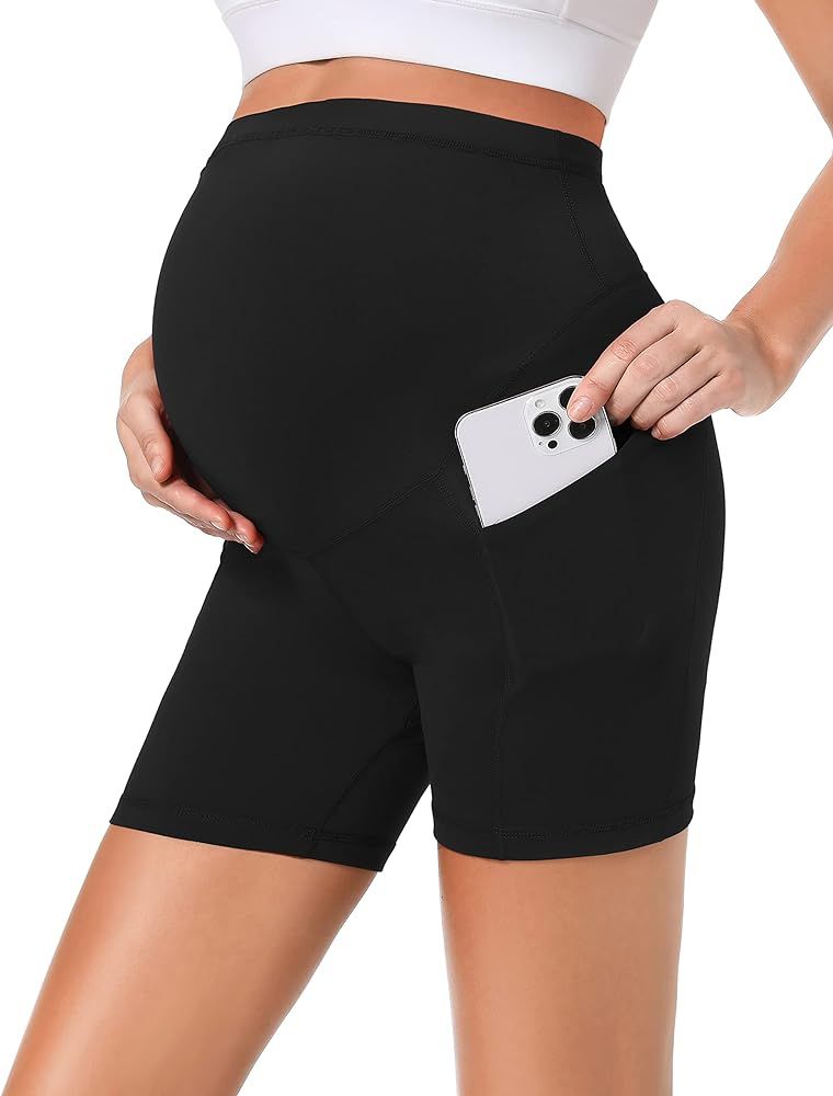 Foucome Women's Maternity Biker Shorts Over The Belly 5" Yoga Workout Running Athletic Short Pants with Pockets | Amazon (US)