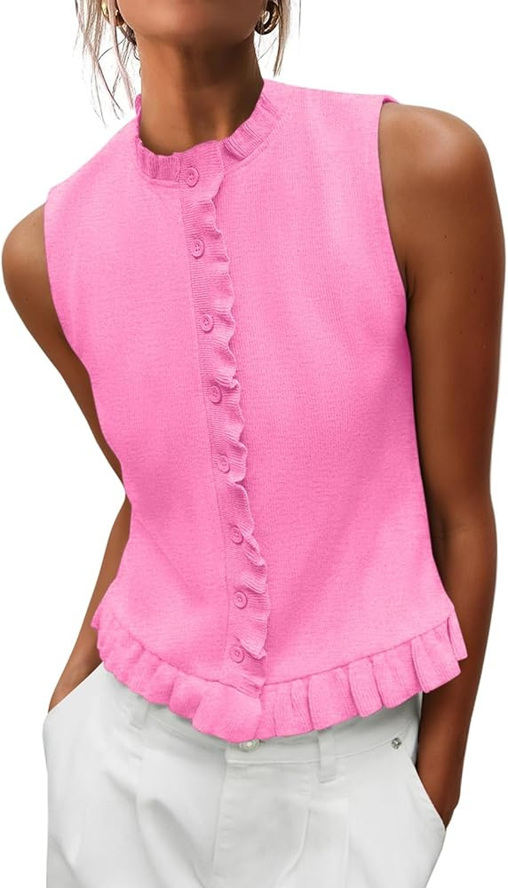 Women's Sleeveless Pleated Cardigan Summer Round Neck Sweater Casual Cute Soft Knitted Top | Amazon (US)