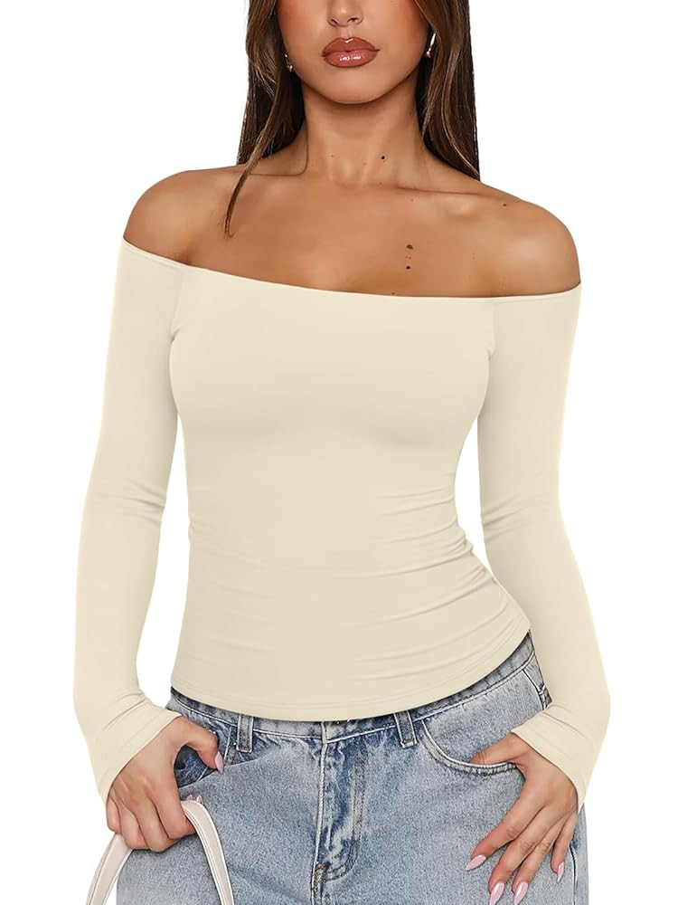 REORIA Womens Long Sleeve Off The Shoulder Tops Going Out Cute Basic Y2K Fall Fashion 2025 Outfit... | Amazon (US)
