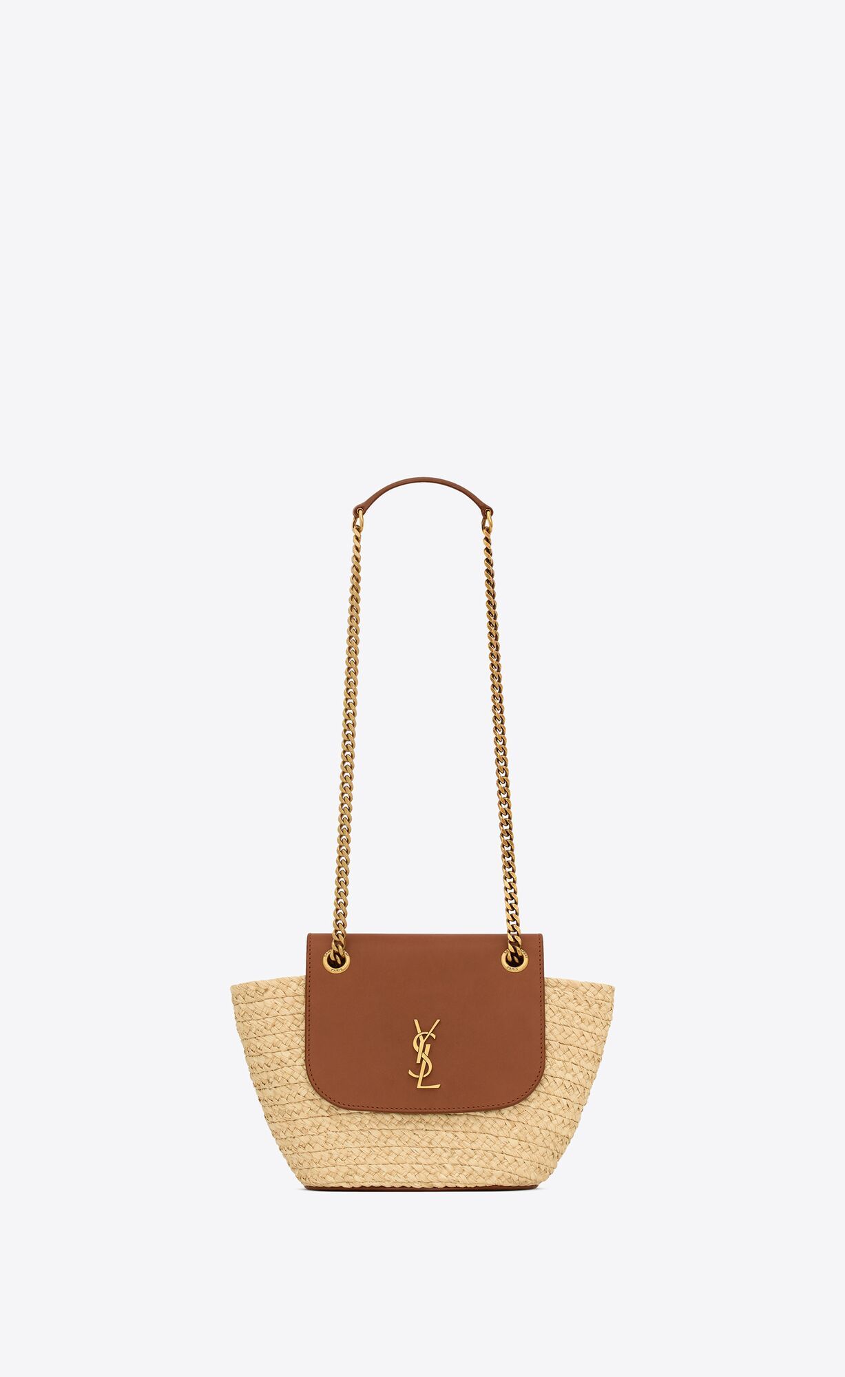 mini basket bag in woven raffia with a flap in metal-free tanned leather decorated with the CASSA... | Saint Laurent Inc. (Global)