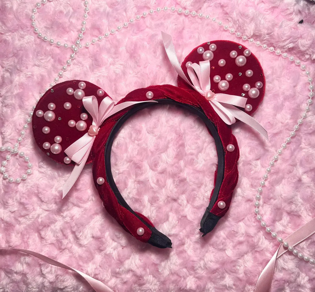 Valentine Pearl Minnie Ears – Red & Pink Bejeweled Minnie Headband - Etsy | Etsy (US)