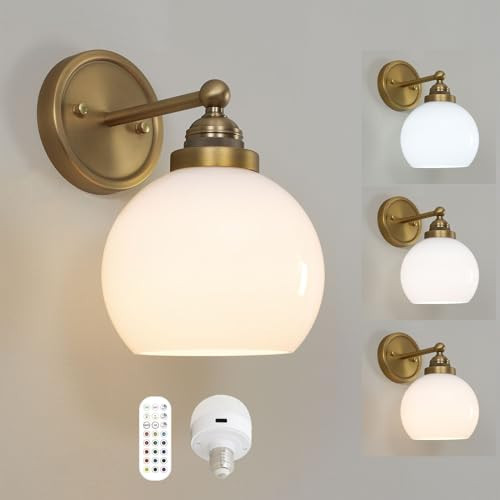 HEQIQEH Vintage Rechargeable Battery Operated Sconce Wall Lighting with Milky White Globe Glass Shade, Dimmable Cordless Wall Mounted Lamp with Remote Control for Bedroom Vanity Bathroom | Amazon (US)