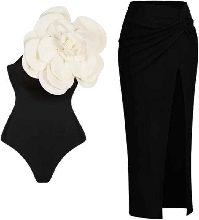 FLAXMAKER Hand-Stitched 3D Flowers Detachable Shoulder Strap One Piece Swimsuit and Sarong | Amazon (US)