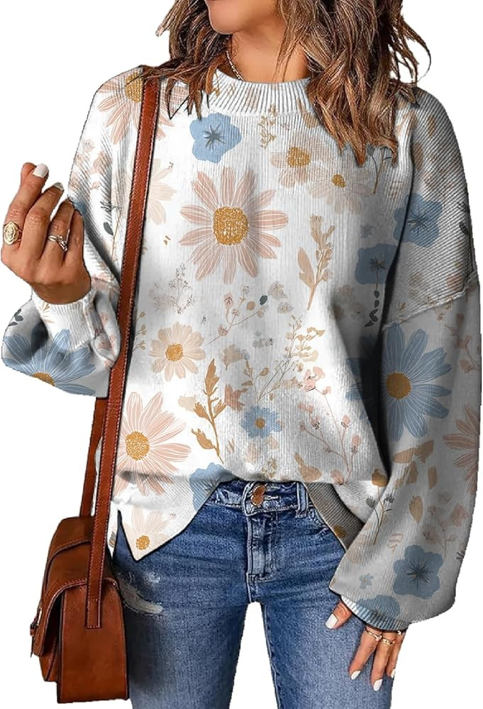 Womens Sweater Fashion Printed Lantern Sleeve Crewneck Pullover Tops Plus Size Warm Soft Knitted ... | Amazon (US)