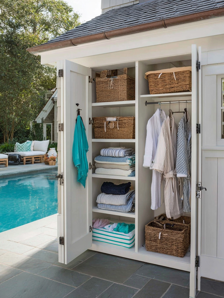Pool organization hacks - how to keep pool towels, toys, sunscreen and swim accessories neatly organized  #LTKsummer #LTKoutdoor  

 #LTKmomlife #LTKHome