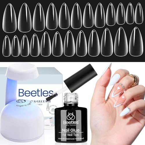 Beetles Gel Nail Kit with 504Pcs Extral Short Stiletto Pre-Shaped Clear Full Cover Gel Nail Tips, 5 in 1 Nail Glue Portable Uv Led Nail Lamp Nail Art Diy Gel Nail Extention Kit | Amazon (US)