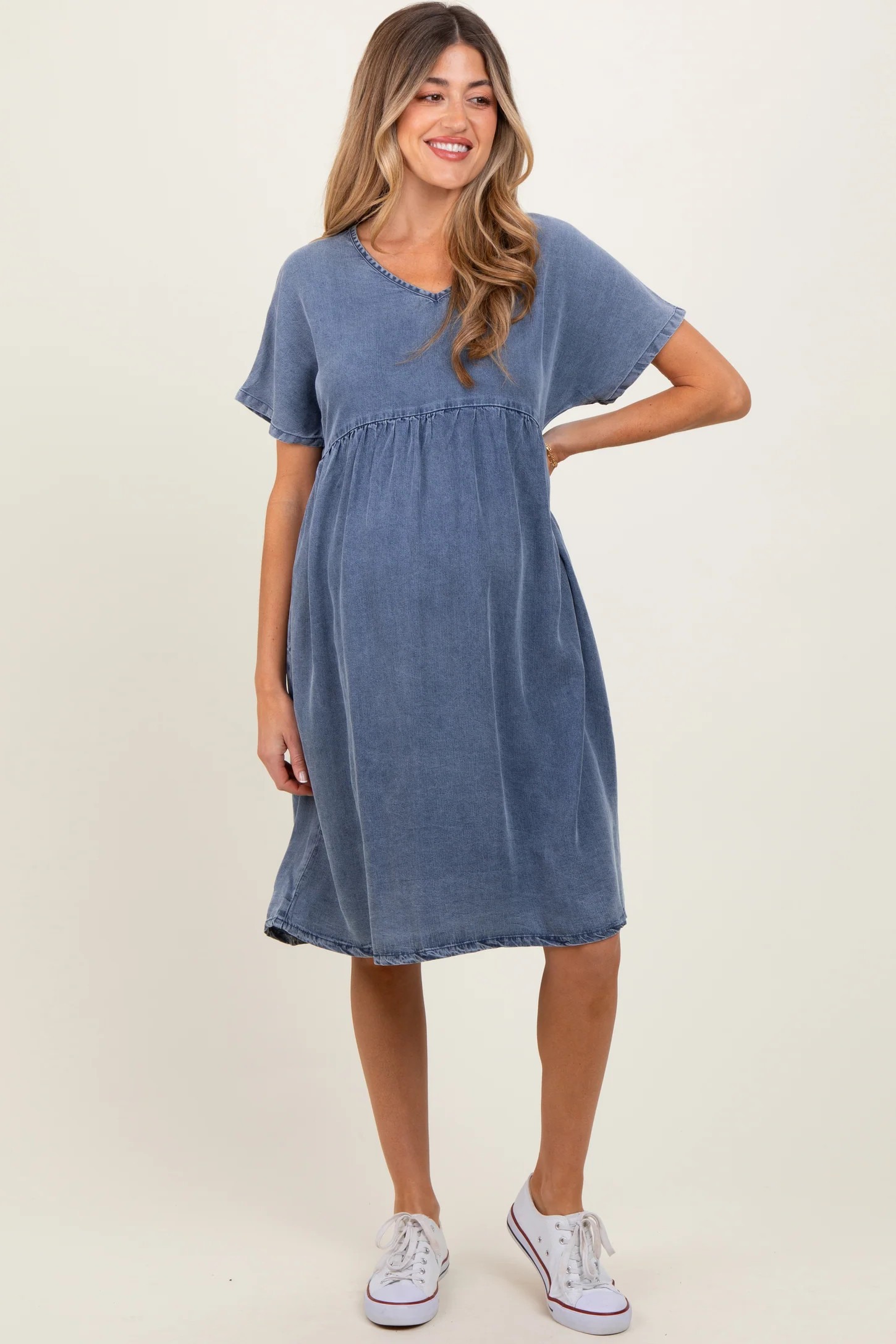 Blue Denim V-Neck Short Sleeve Maternity Dress | PinkBlush Maternity