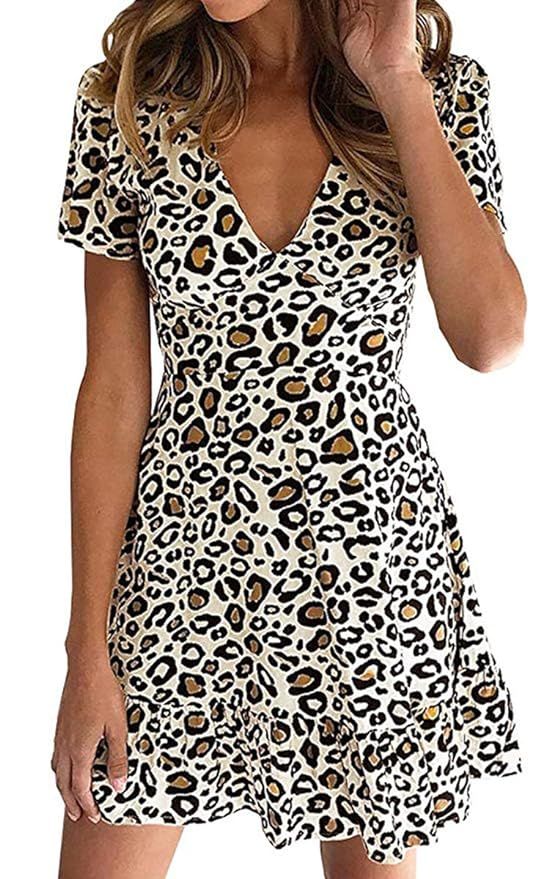 LANISEN Women Leopard Printed Party Dress Deep V Neck Ruffle Party A-line Mini Dresses | Amazon (CA)