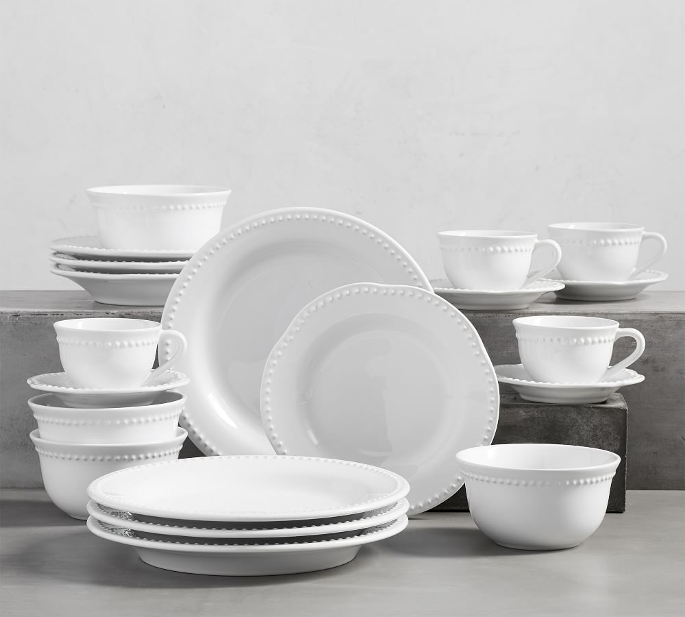 Emma Beaded Stoneware 16-Piece Dinnerware Set, with Mug & Cereal Bowl - White | Pottery Barn (US)
