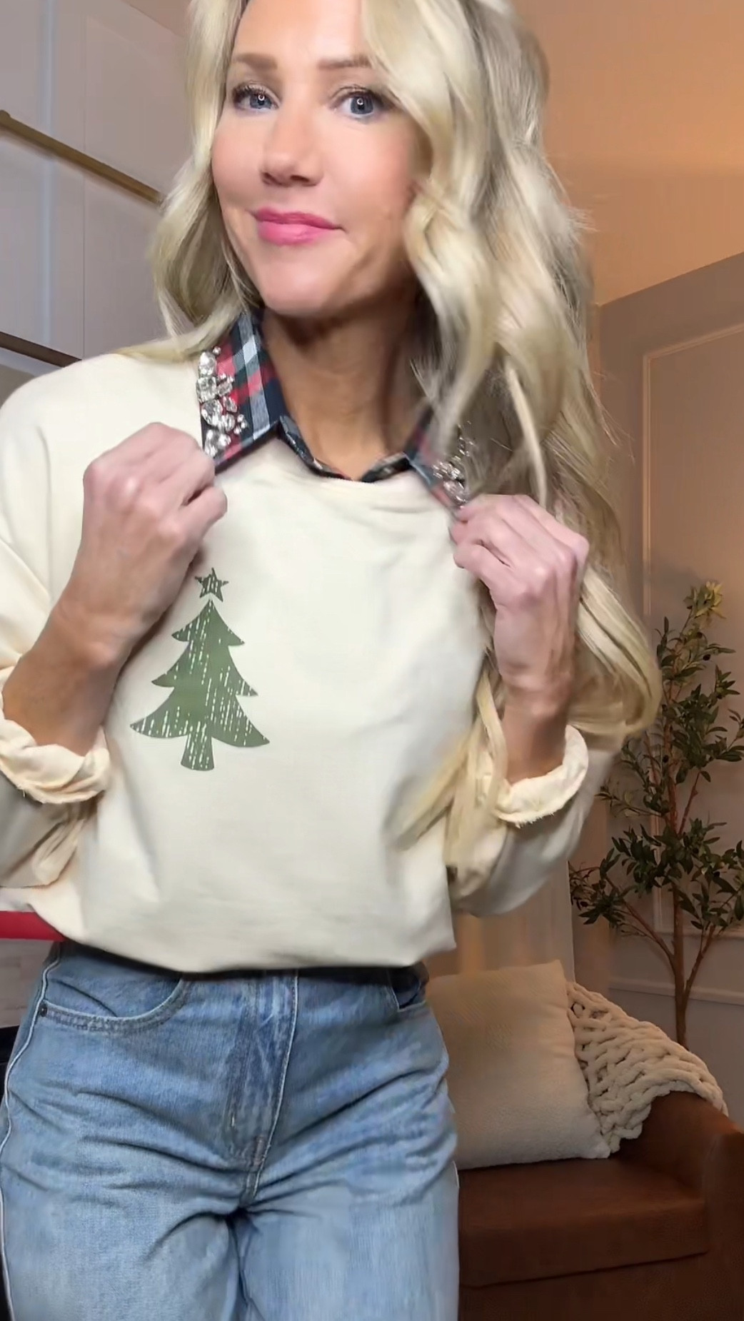 DIY project turning a Dickie plaid collar into a sparkly Holiday look. This collar adds character to any Christmas sweatshirt and makes it look expensive! Holiday Amazon Fashion.

#LTKHoliday #LTKStyleTip #LTKSeasonal