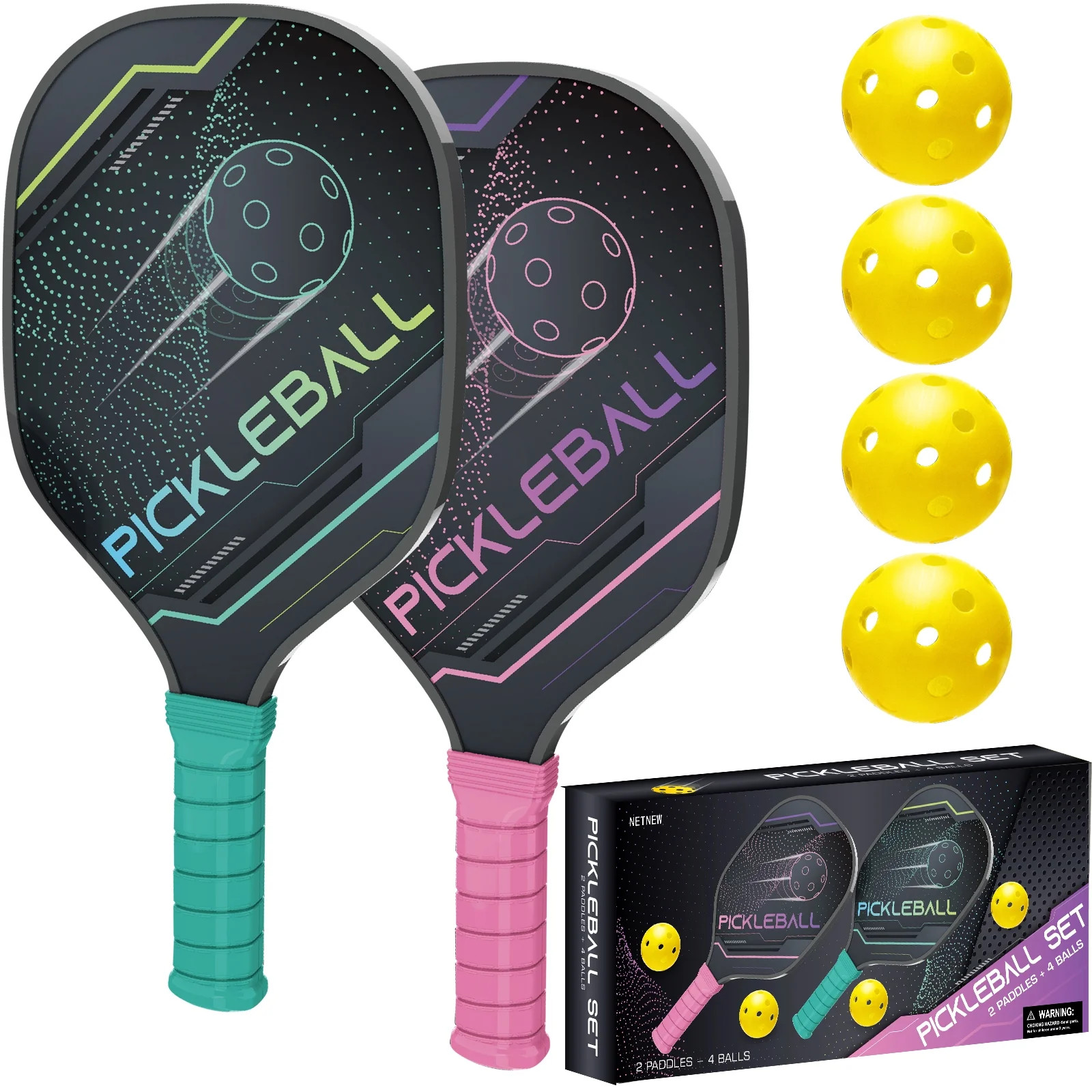 NETNEW Pickleball Paddles Pickleball Set of 2 Paddles, 4 Indoor Outdoor Pickleball Balls, Pickleb... | Walmart (US)