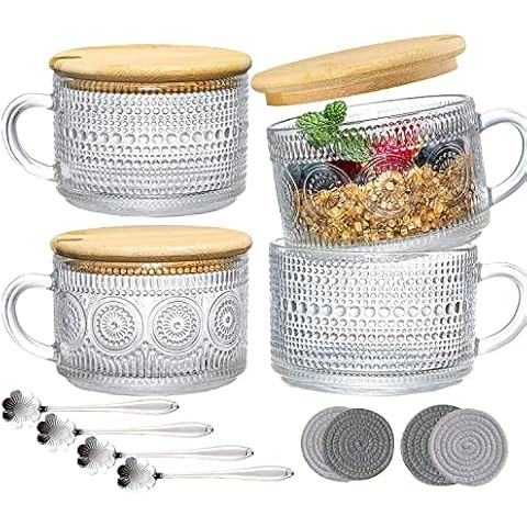 4pcs Set Vintage Coffee Mugs, Overnight Oats Containers with Bamboo Lids and Spoons - 14oz Clear ... | Amazon (US)