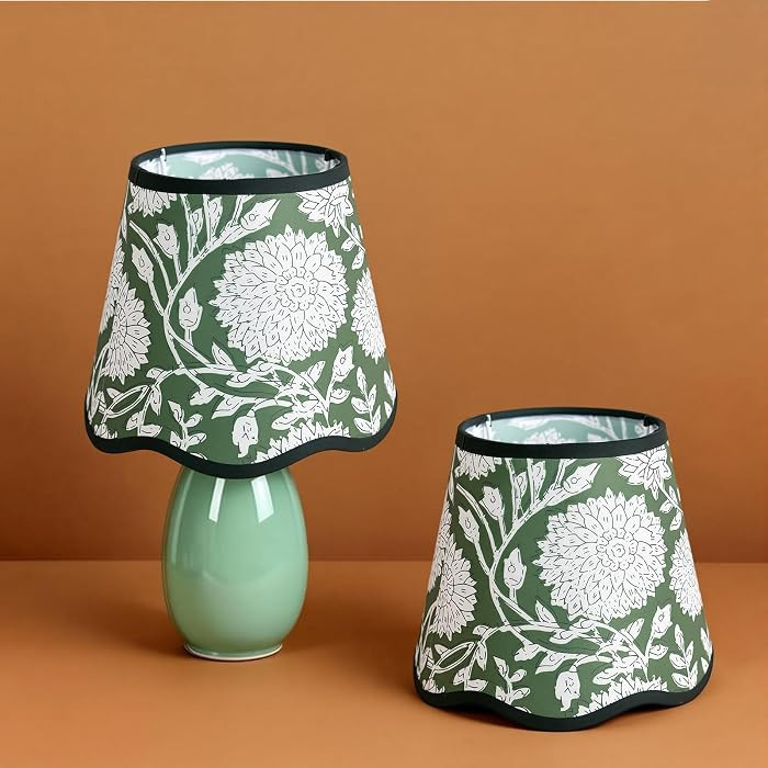 Cotton Lamp Shade Set of 2,4"Top x6" Bottom x 5"High,Dark Green Floral Scallop Block Print Small ... | Amazon (US)