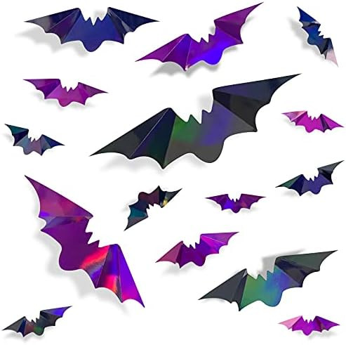 72Pcs Bats Halloween Decoration Iridescent 3D Bats Wall Decor Black Purple Holographic Paper Decorat | Amazon (US)